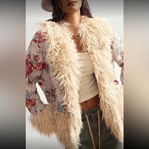 Premium Bohemian Floral Print Faux Fur Trim Jacket - Cream